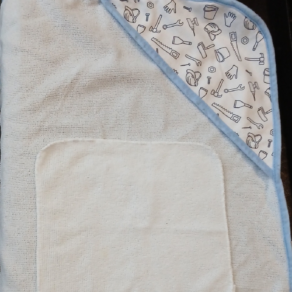Baby Hooded Towel and Washcloth Set - Light Blue Trim